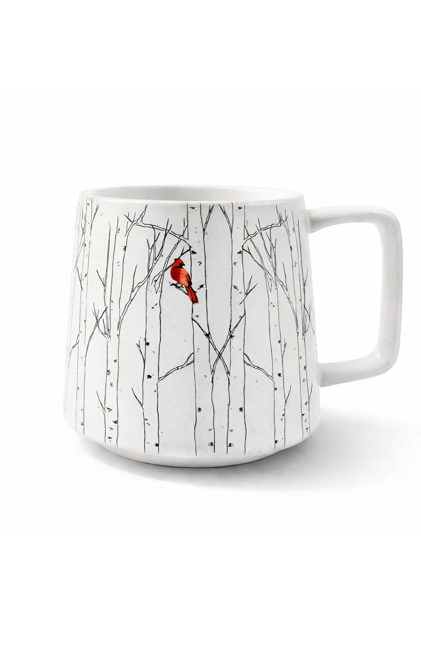 Mug with a design of a red bird on a branch against a white background