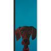 Artsy Ems Designs features a cartoon-style brown dog with sad eyes, floppy ears, and a red bow tie on a turquoise background—vertical canvas art perfect for dog lovers.