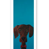 Artsy Ems Designs: Cartoon-style print of a brown dog with big eyes, floppy ears, and a red bow tie on a bright blue background. This perfect dog lover art features the pup centered at the bottom of a tall, narrow frame.