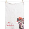 A 100% cotton tea towel by Artsy Ems Designs hangs on a line with a clothespin, featuring an artisan donkey in a red Santa hat and Merry Christmas in red text on the lower left.