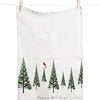 A white, 100% cotton tea towel by Artsy Ems Designs hangs on a line with clothespins, featuring illustrated evergreen trees, a red bird, and “Happy Holidays” in an artisan Christmas design.